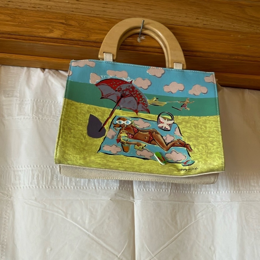 Sonoma Tan Hand Painted Novelty Purse w/2 wooden handles..zippered top closure.